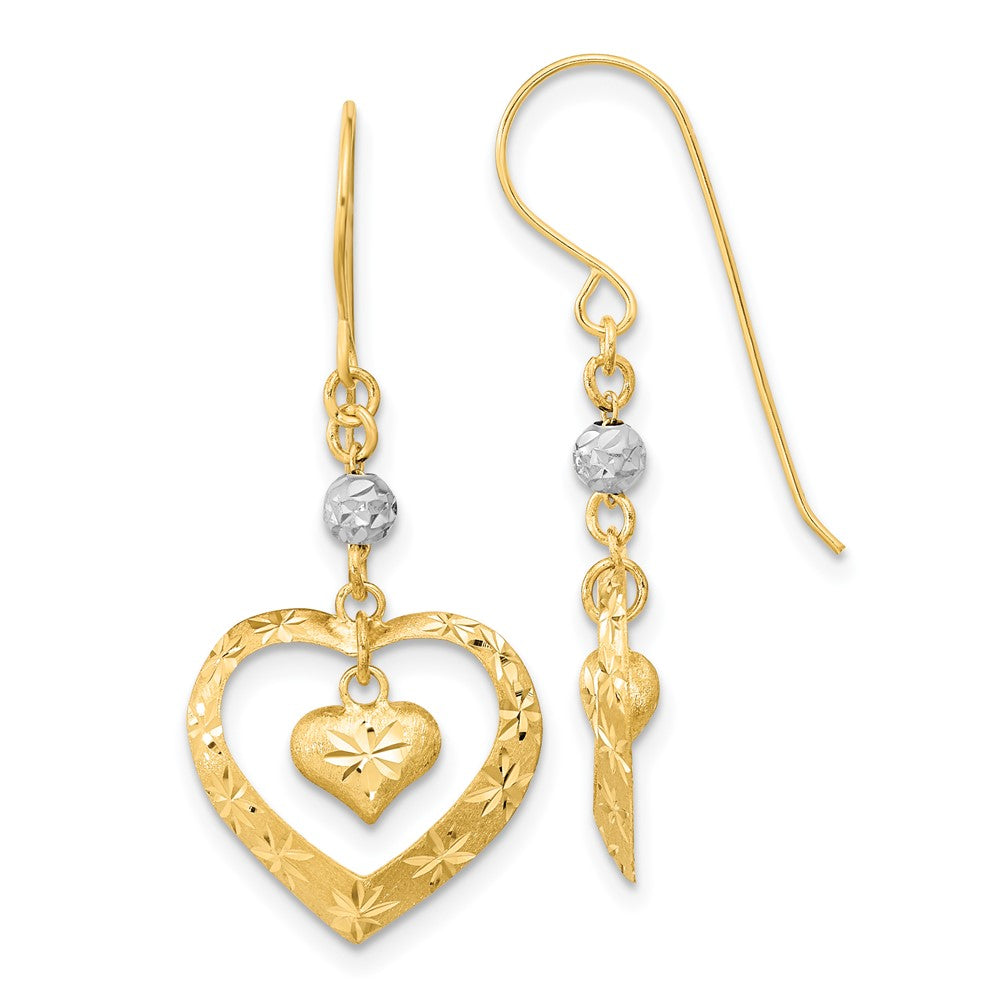 14k Two-tone Satin Diamond-cut Heart Dangle French Hook Earrings, 36 x 14.75 mm