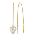 14k and White Rhodium Polished/Satin/Diamond-cut Heart Threader Earrings, 45 x 9 mm