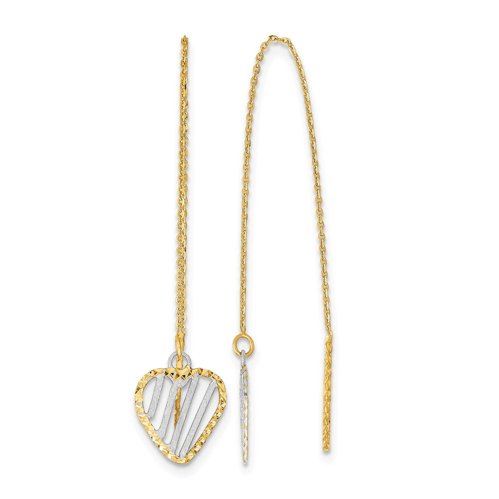 14k and White Rhodium Polished/Satin/Diamond-cut Heart Threader Earrings, 45 x 9 mm