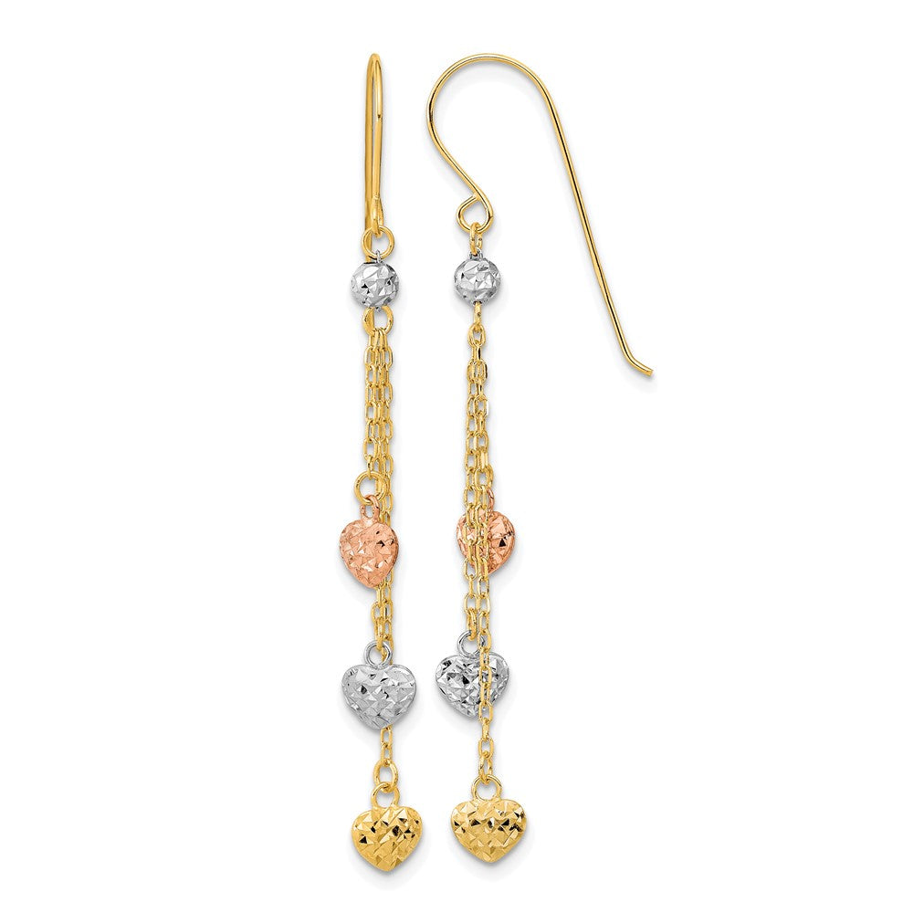 14k Tri-color Diamond-cut Triple Heart and Chain Dangle French Hook Earrings, 55 x 4.85 mm
