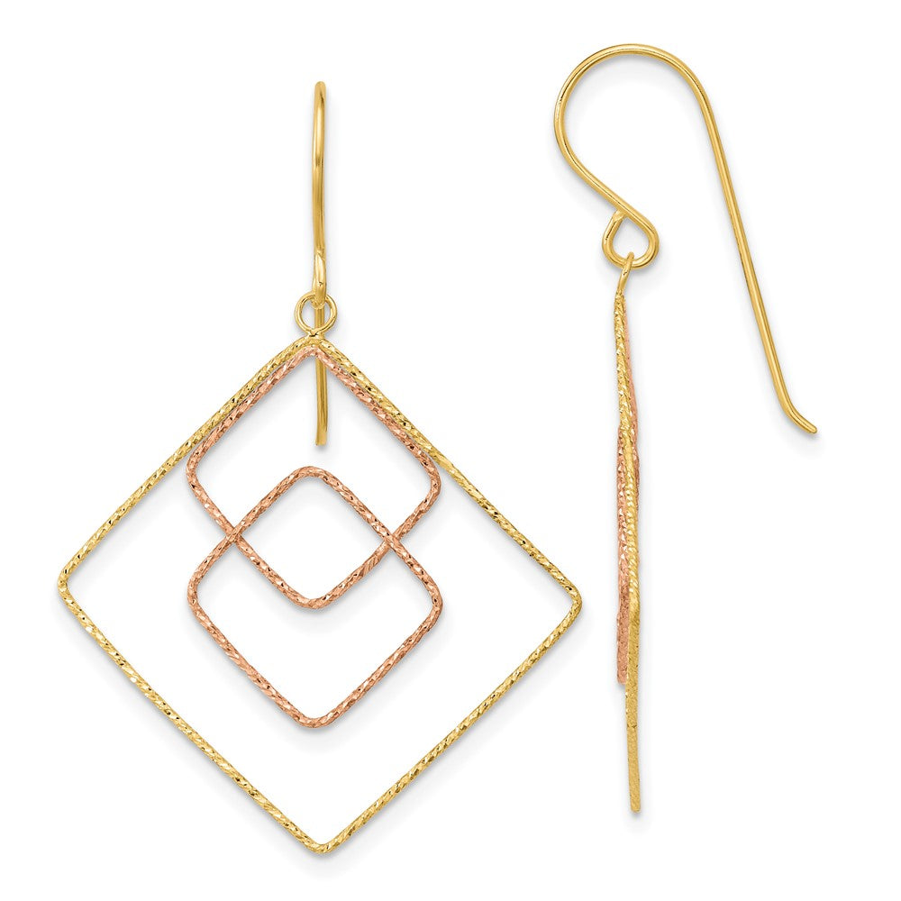 14k Two-tone Diamond-cut Graduated Square Drop French Hook Earrings, 41 x 29 mm