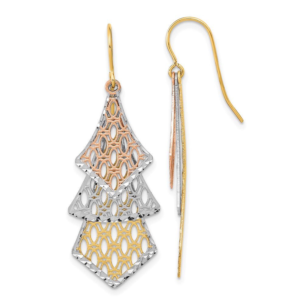 14k Tri-color Diamond-cut Polished Filigree Dangle French Hook Earrings, 45 x 15 mm