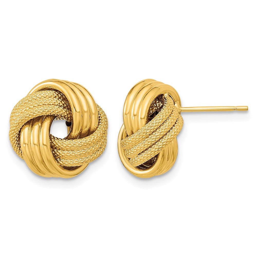 14k 12.5mm Polished Textured Triple Love Knot Post Earrings, 12.5 x 12.5 mm