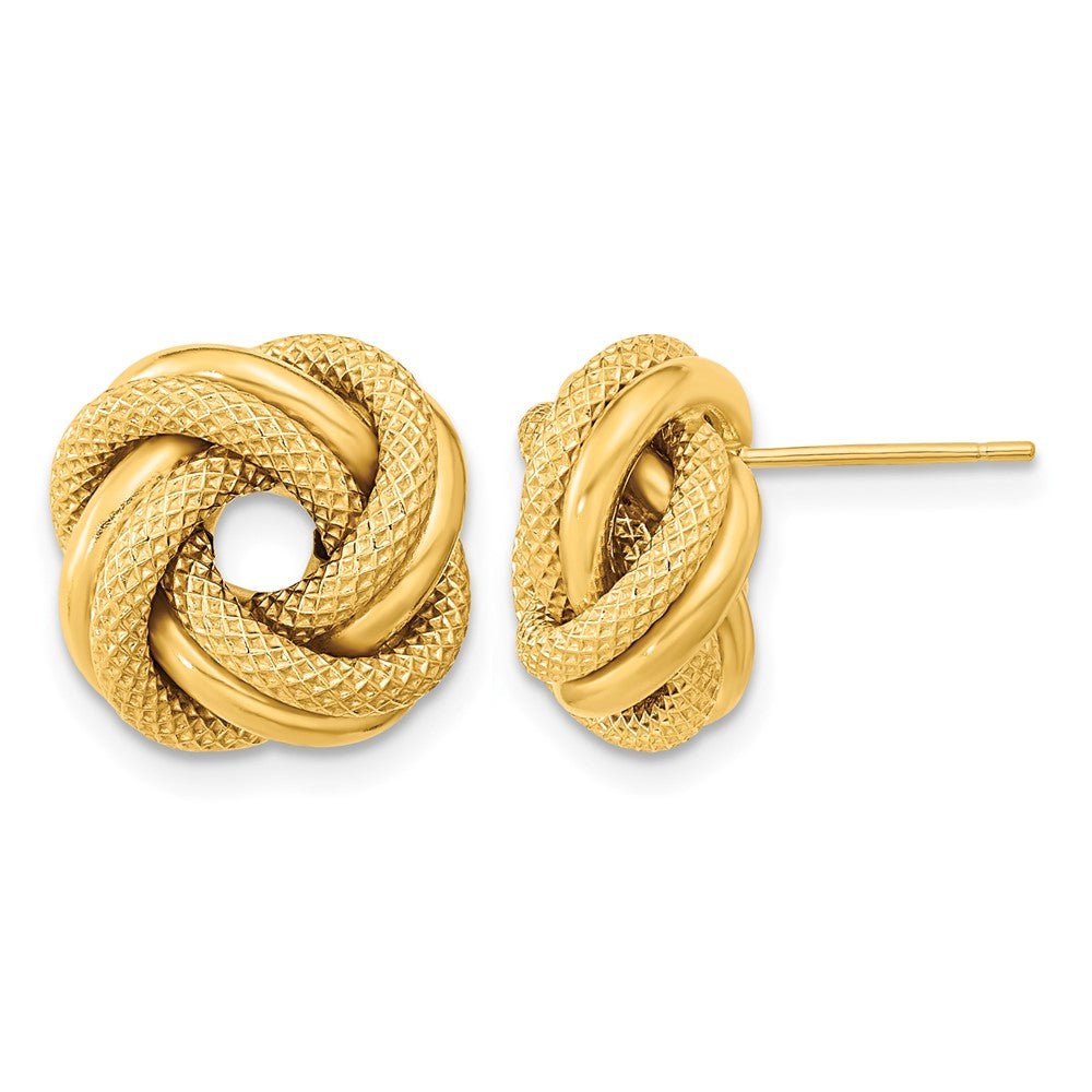 14k 13.5mm Polished Textured Double Love Knot Post Earrings, 13.5 x 13.5 mm