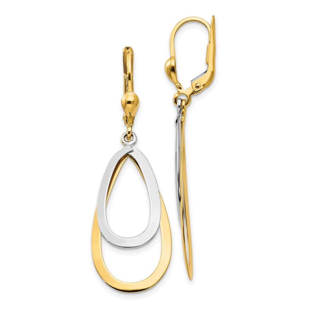 14k Two-tone Teardrop Dangle Leverback Earrings, 48 x 14 mm
