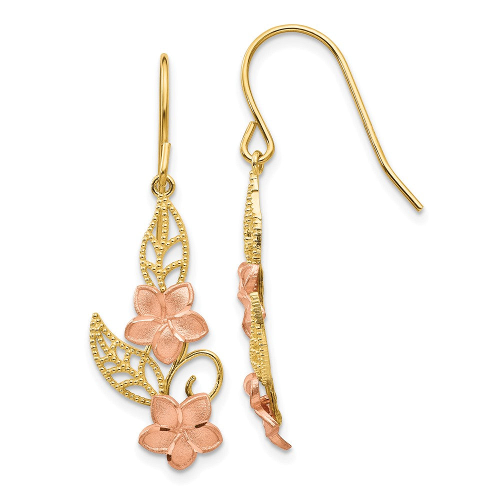 14K Two-tone Fancy Plumeria Dangle French Wire Earrings, 34 x 11 mm