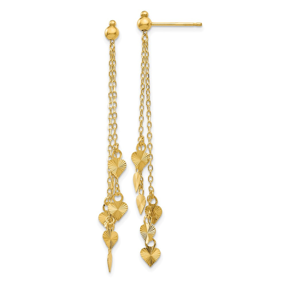 14K Diamond-cut Hearts and Chain Dangle Post Earrings, 52 x 9 mm