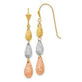 14k Tri-color Puffed Diamond-cut Teardrops Dangle French Hook Earrings, 45 x 6 mm