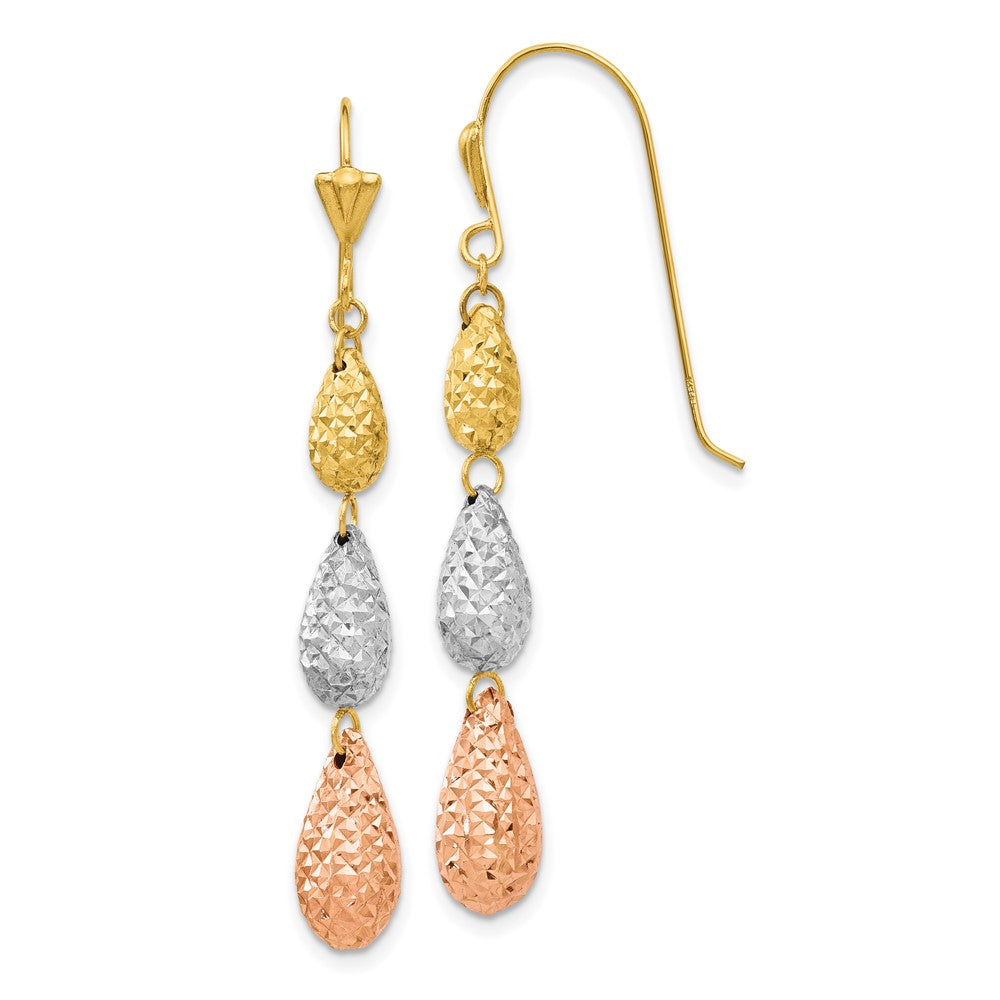 14k Tri-color Puffed Diamond-cut Teardrops Dangle French Hook Earrings, 45 x 6 mm