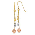 14k Tri-color Diamond-cut Puffed Heart and Chain Dangle French Hook Earrings, 59 x 8 mm