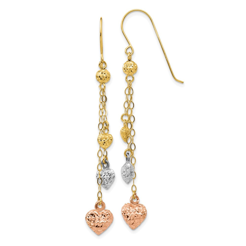14k Tri-color Diamond-cut Puffed Heart and Chain Dangle French Hook Earrings, 59 x 8 mm