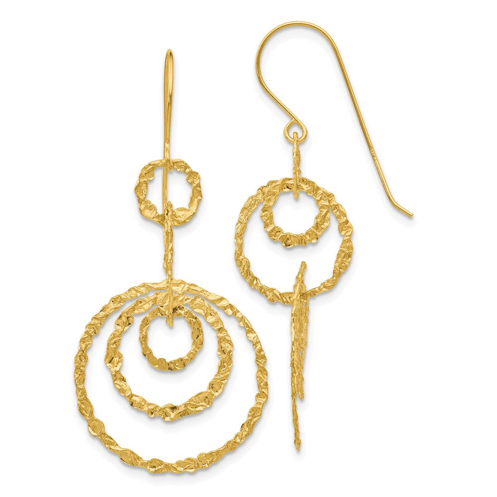14k Textured Circles Dangle French Hook Earrings, 42 x 19 mm