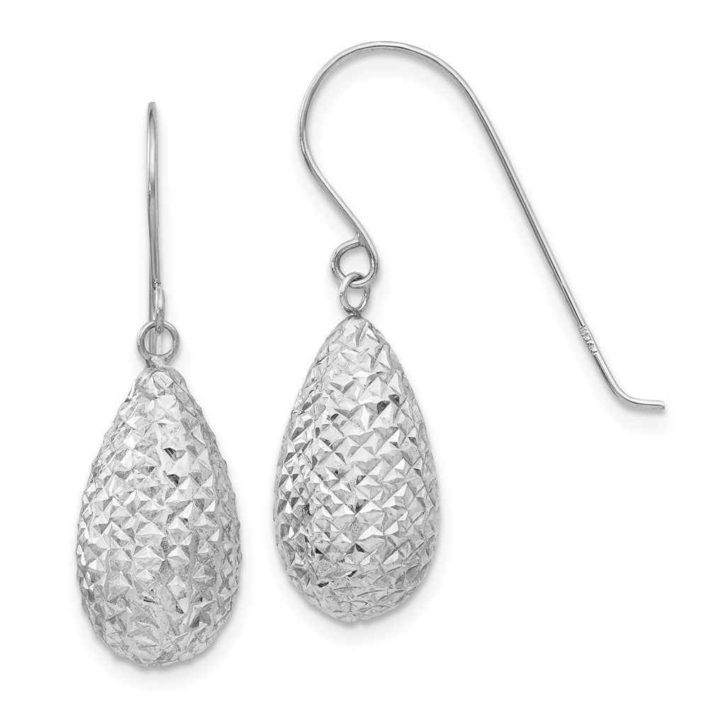 14k White Gold Textured Puffed Teardrop Dangle French Hook Earrings, 27 x 8 mm