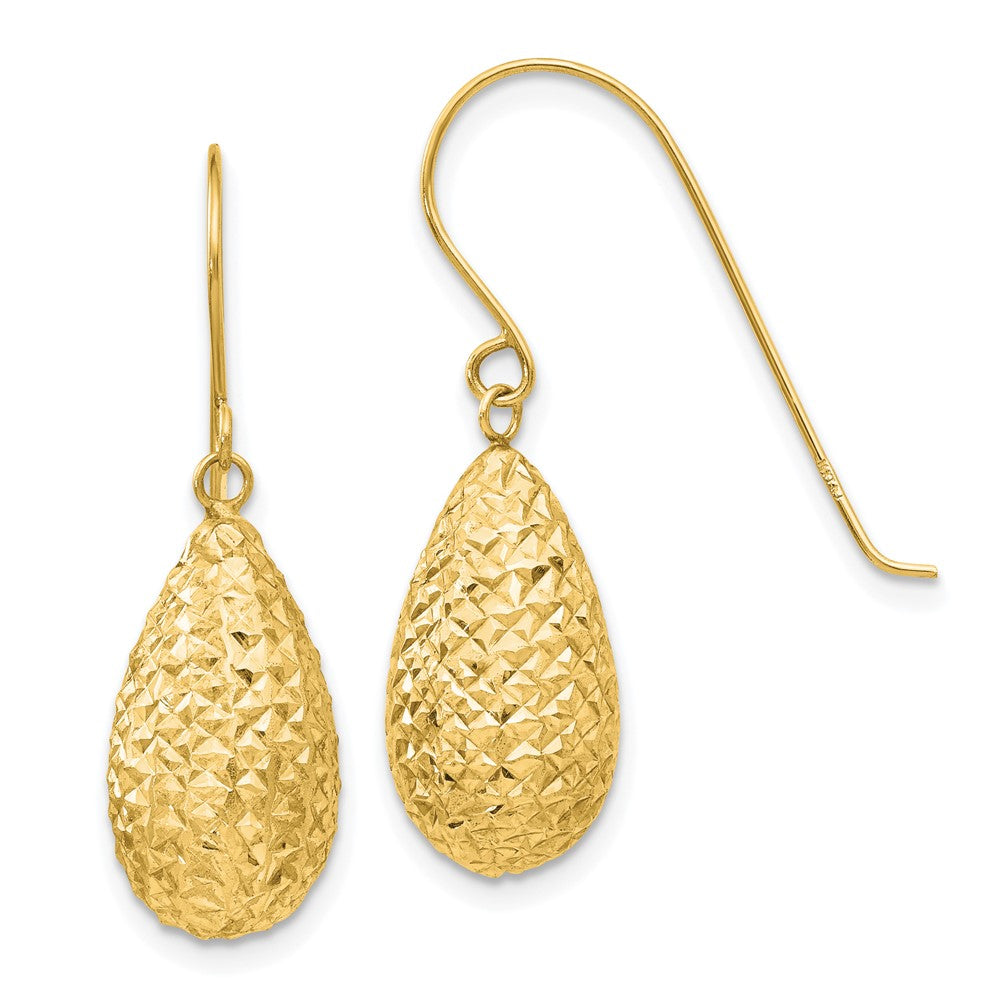 14k Textured Puffed Teardrop Dangle French Hook Earrings, 27 x 8 mm