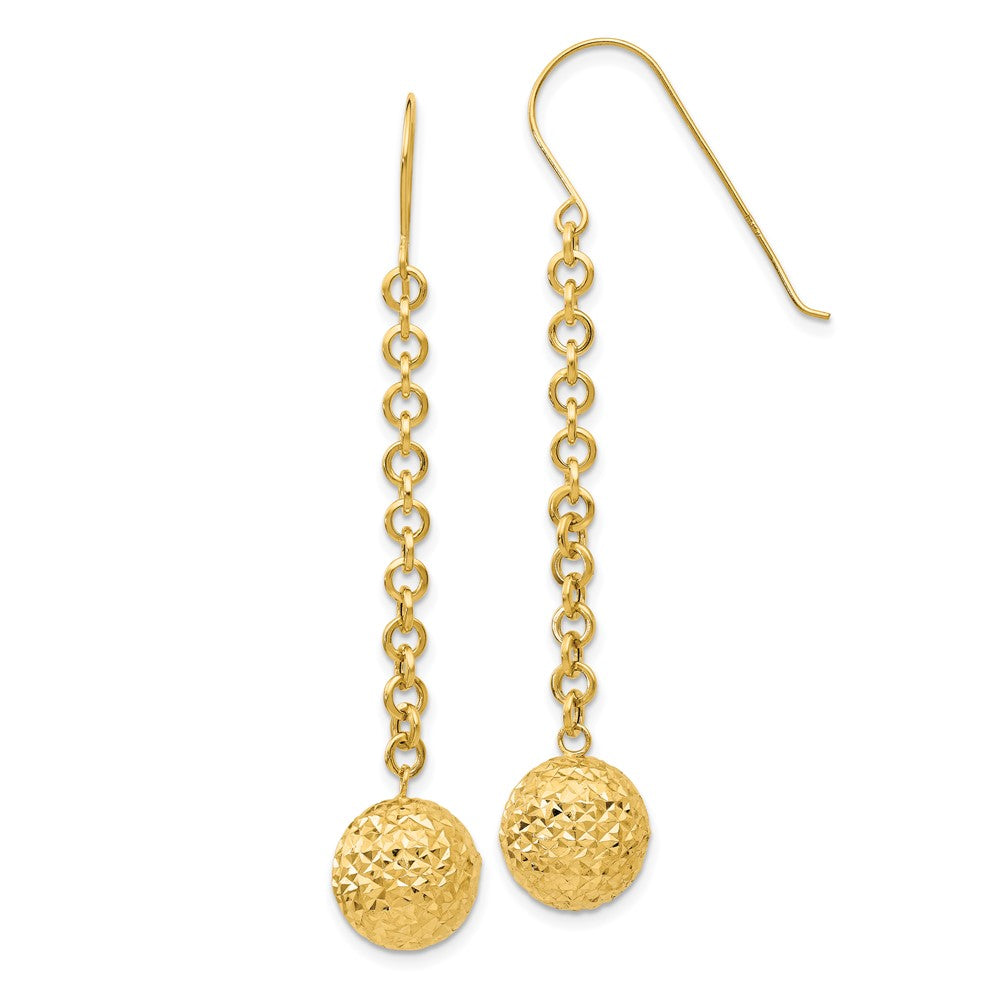 14k Diamond-cut 10mm Hollow Bead and Chain Dangle French Hook Earrings, 54 x 10 mm