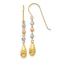14k Tri-color Diamond-cut Puffed Teardrop Beaded Dangle French Hook Earrings, 39 x 5 mm