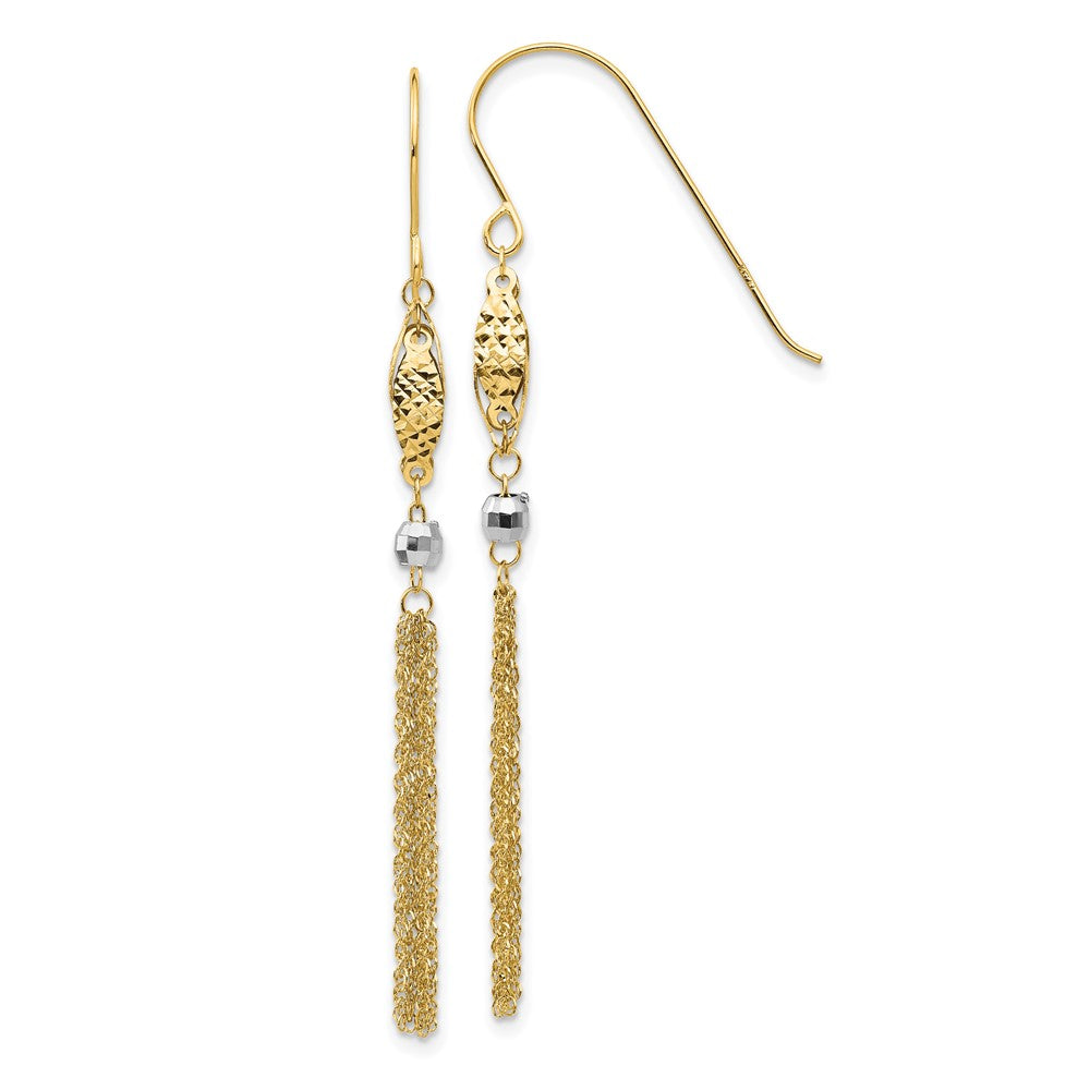 14k Two-tone Bead and Chain Tassel Dangle French Hook Earrings, 55 x 5 mm