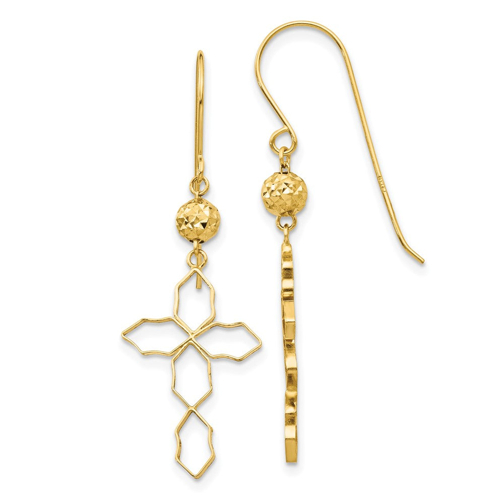 14k Geometric Cross Dangle French Hook Earrings, 40 x 13 mm