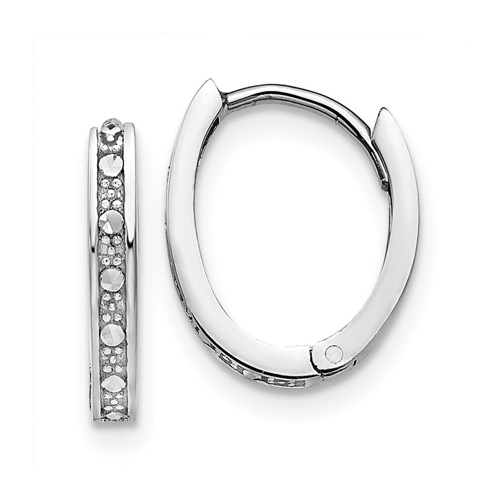 14k White Gold Diamond-cut Oval Hinged Hoop Earrings, 12 x 10 mm