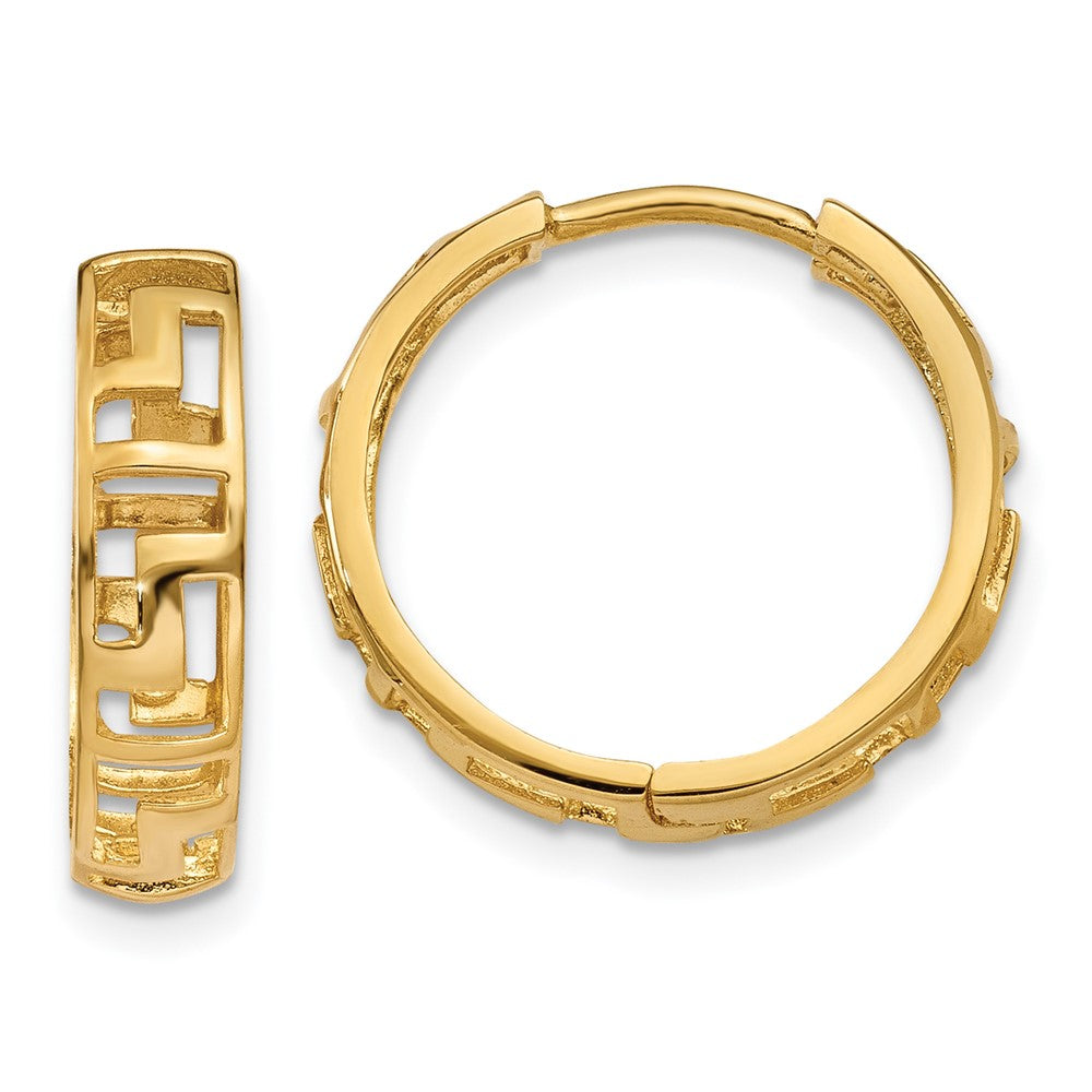 14k Greek Key Hinged Hoop Earrings, 15 x 16 mm