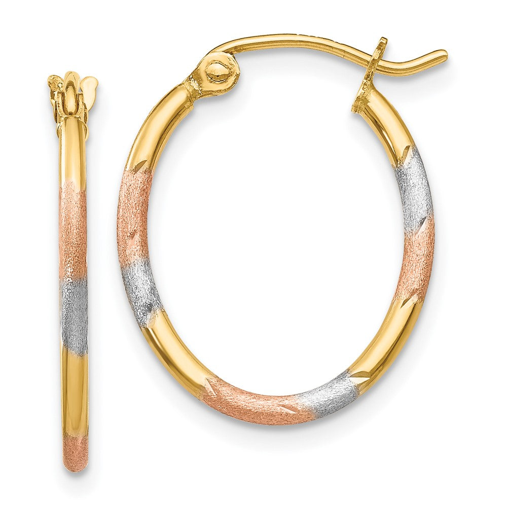 14K w/White and Rose Rhodium Diamond Cut Hoop Earrings, 20 x 16 mm