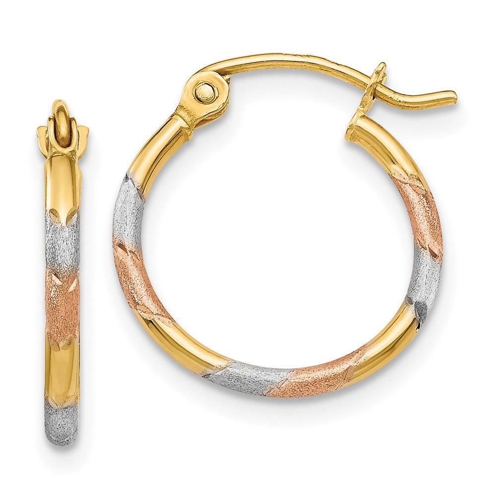 14K w/White and Rose Rhodium 1.5mm Satin & D/C Hoop Earrings, 16 x 1.5 mm