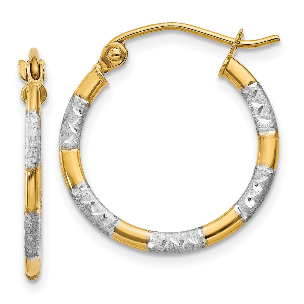 14K w/White Rhodium Diamond Cut Hoop Earrings, 19 x 18 mm