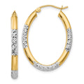 14K w/ White Rhodium 3mm Diamond Cut Oval Hollow Hoop Earrings, 32 x 24 mm