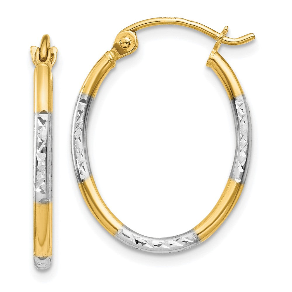 14K w/White Rhodium Diamond Cut Oval Hoop Earrings, 21 x 17 mm