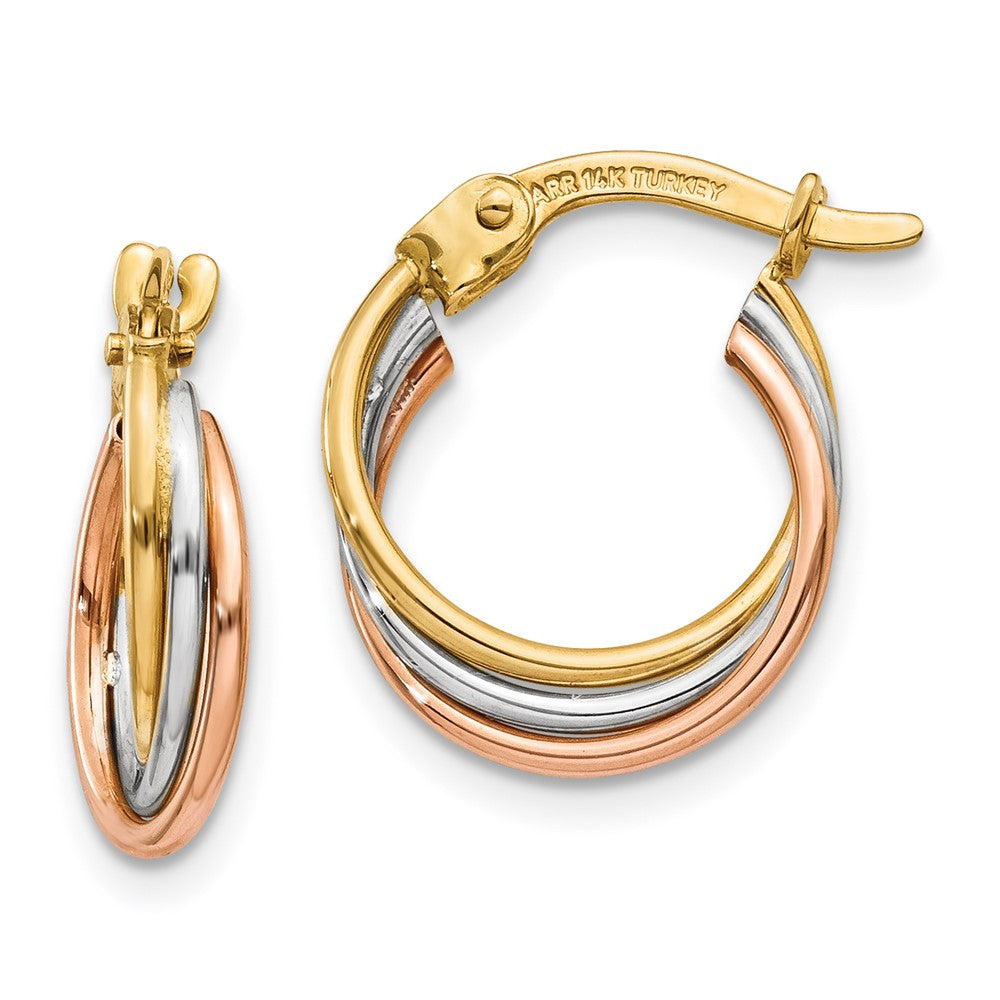 14k Tri-color Twisted Hoop Earrings, 15 x 3.5 mm