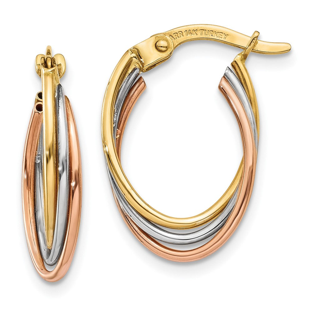 14k Tri-color Twisted Hoop Earrings, 18 x 3.5 mm