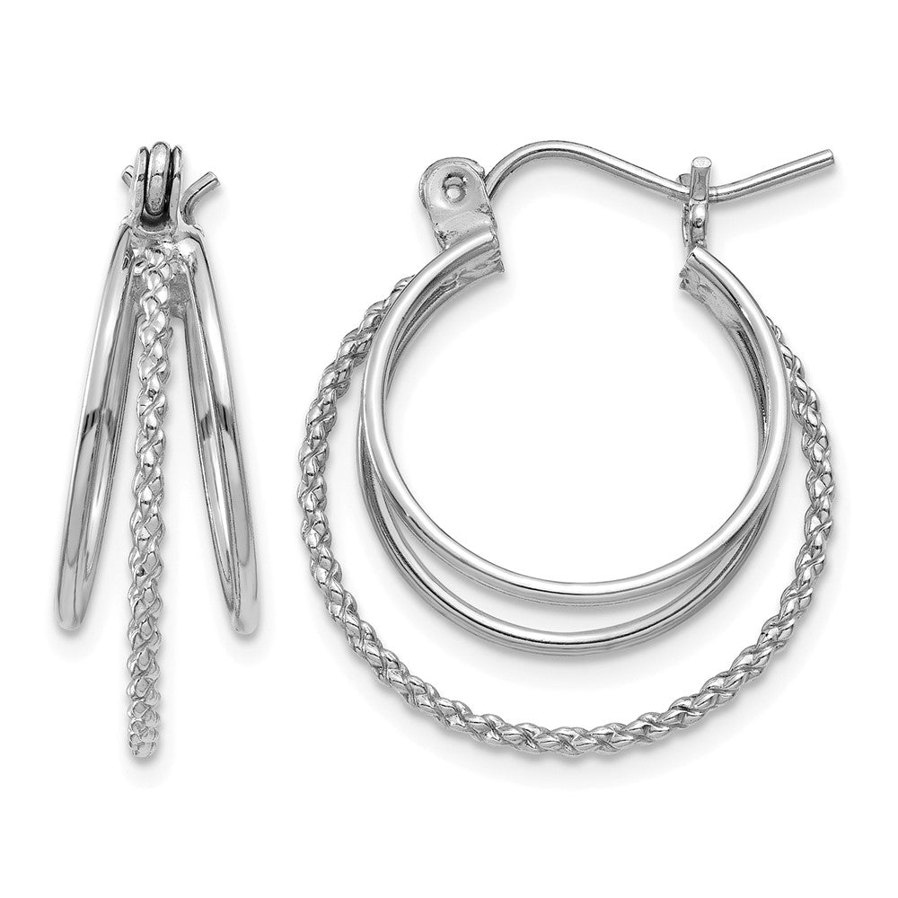 14k White Gold Polished and Textured Circle Hoop Earrings, 19 x 7.25 mm