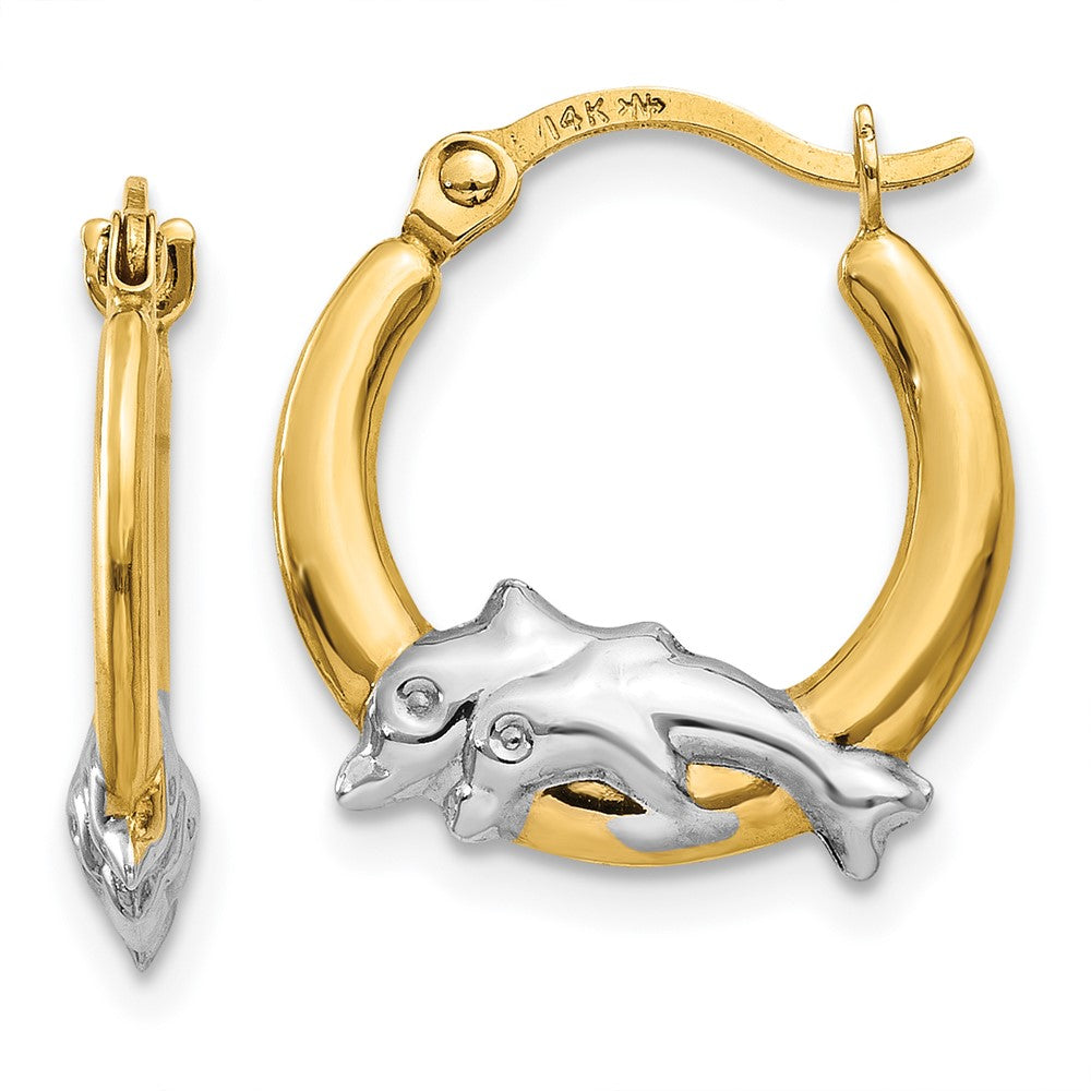 14K & Rhodium Dolphin Hoop Earrings, 15 x 2.75 mm