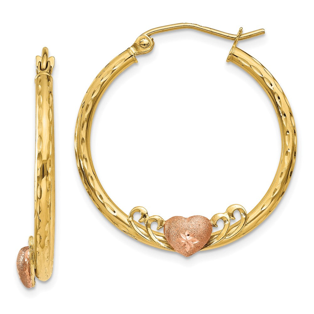 14K & Rose Heart D/C Hoop Earrings, 26 x 24 mm