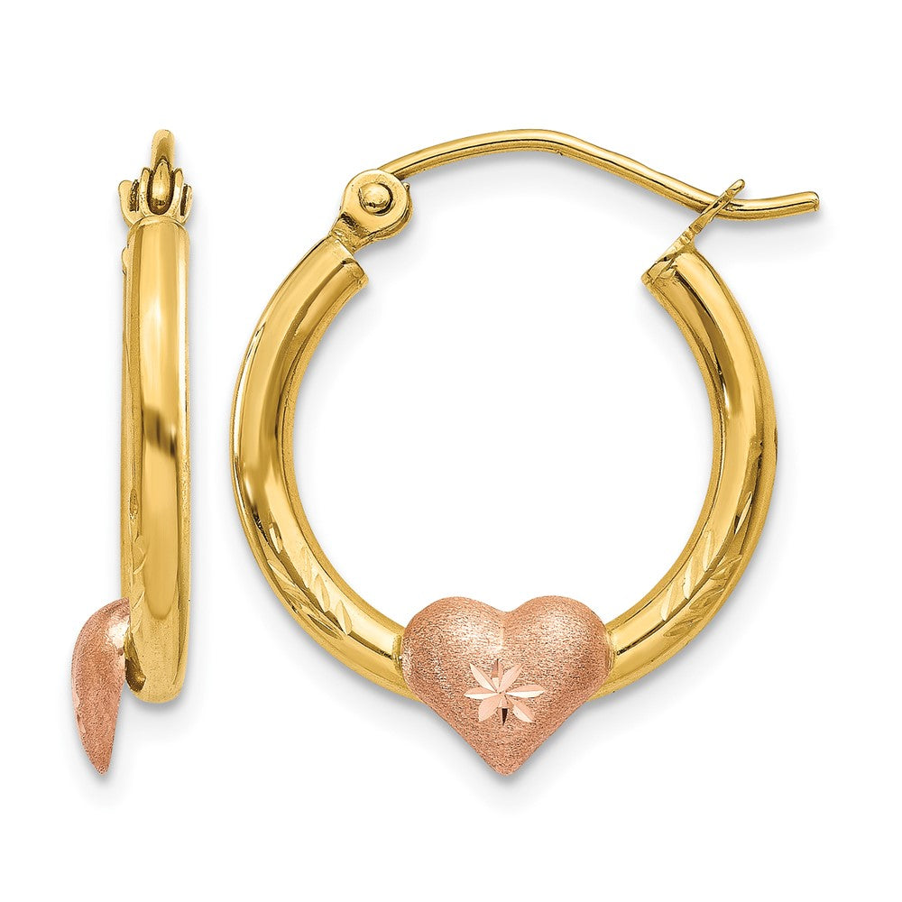 14K Yellow & Rose Gold Heart D/C Hoop Earrings, 20 x 3.75 mm