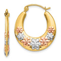 14K & White and Rose Rhodium Hollow Flowers Hoop Earrings, 22 x 3 mm