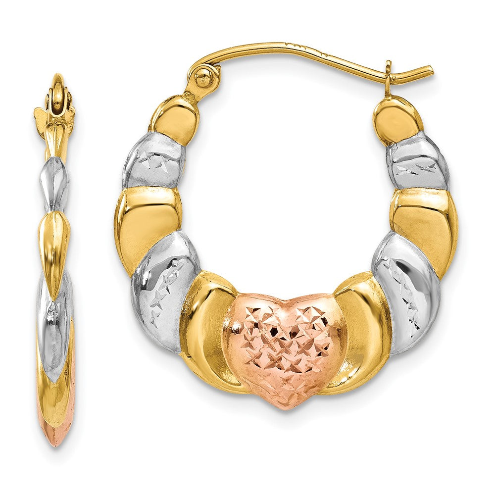 14K & White and Rose Rhodium Scalloped Heart Hoop Earrings, 22 x 21 mm