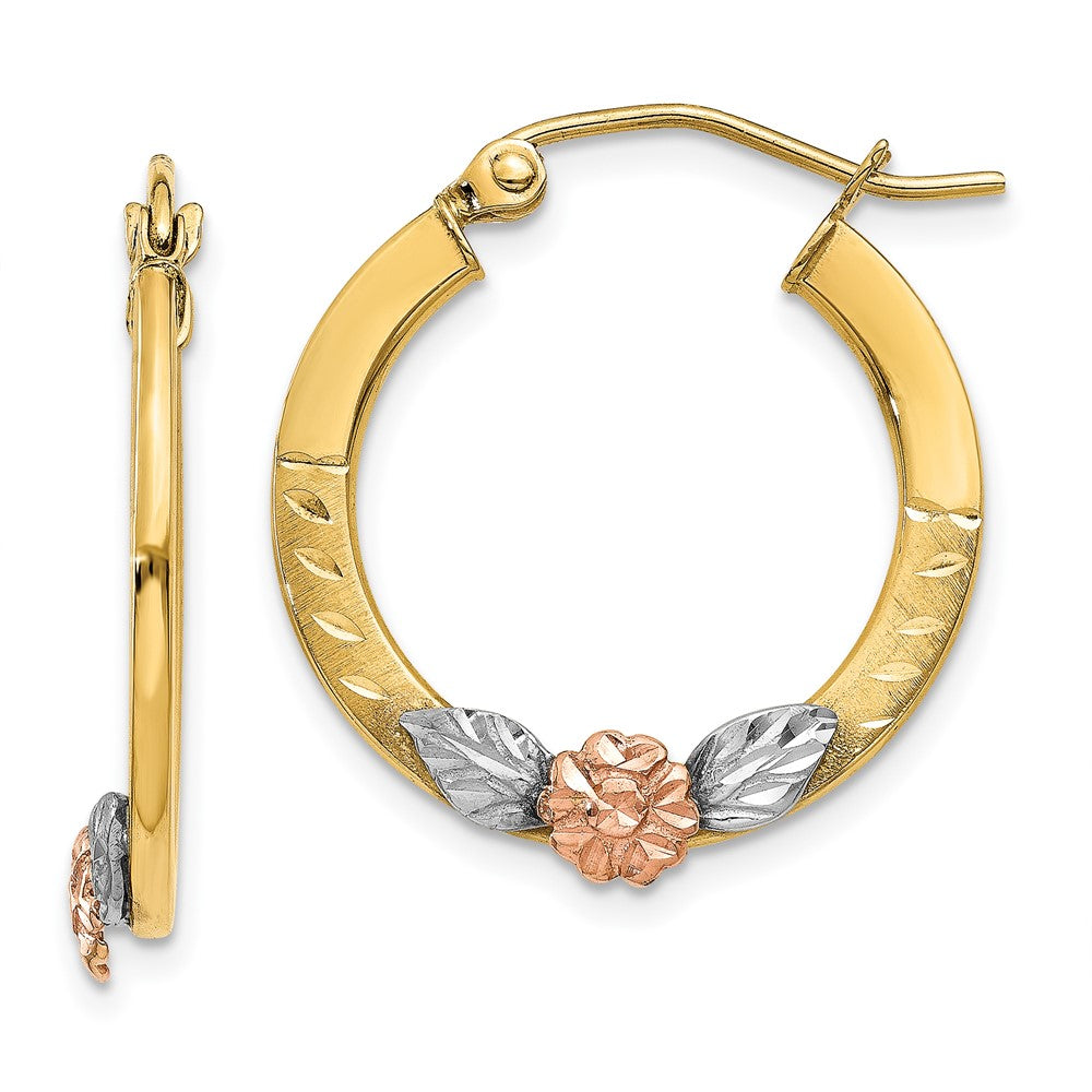 14K Yellow & Rose Gold w/ Rhodium Diamond Cut Flower Hoop Earrings, 21 x 20 mm