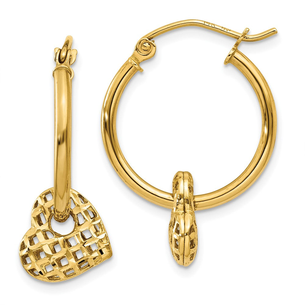 14K Moveable Heart Hoop Earrings, 23 x 19 mm