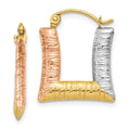 14K & White & Rose Rhodium Hollow Textured Square Hoop Earrings, 17 x 15 mm