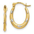 14K Rhodium Textured Hollow Oval w/ Hearts Hoop Earrings, 17 x 11 mm
