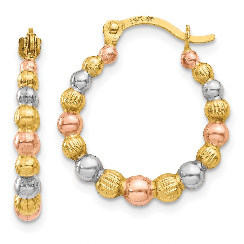 14K & White and Rose Rhodium Beaded Hoop Earrings, 18 x 2.5 mm