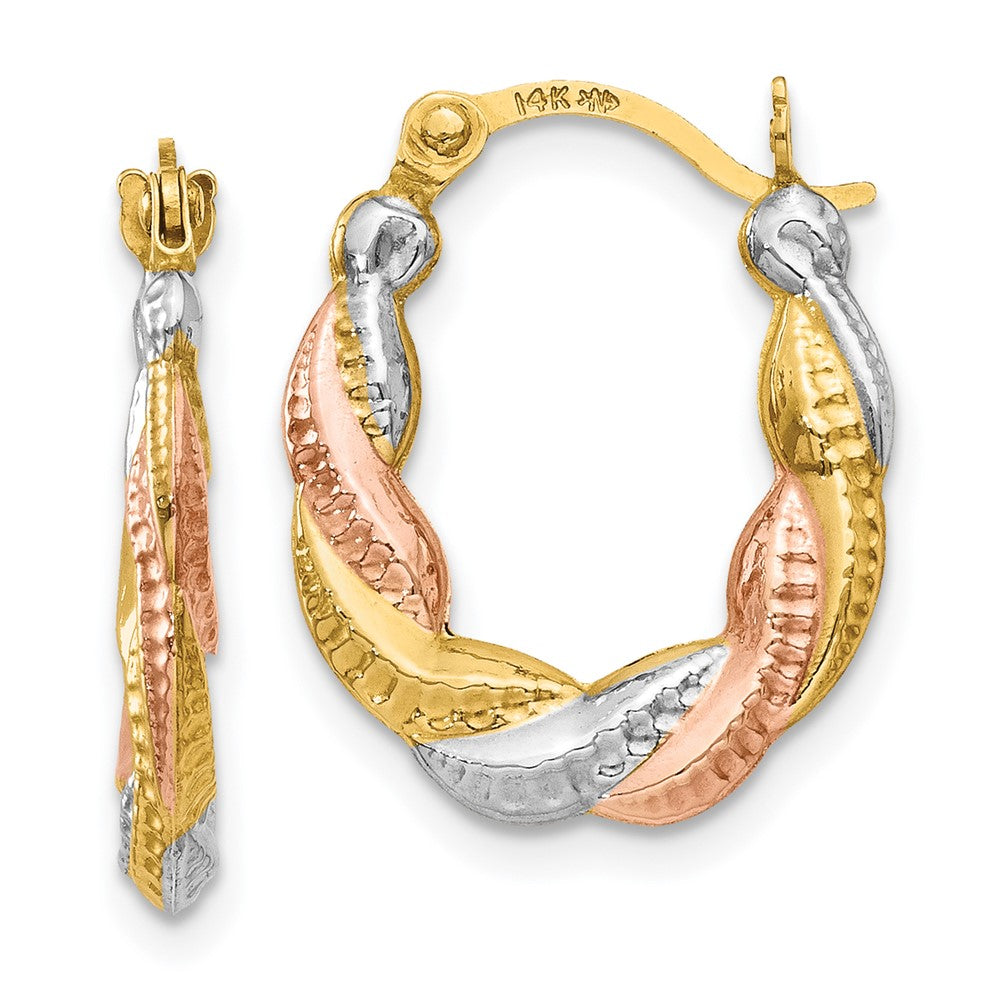 14K & White and Rose Rhodium Hollow Scalloped Hoop Earrings, 17 x 13 mm