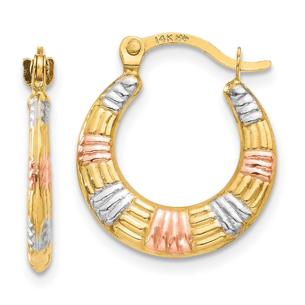 14K & White and Rose Rhodium Hollow Textured Hoop Earrings, 16 x 14 mm
