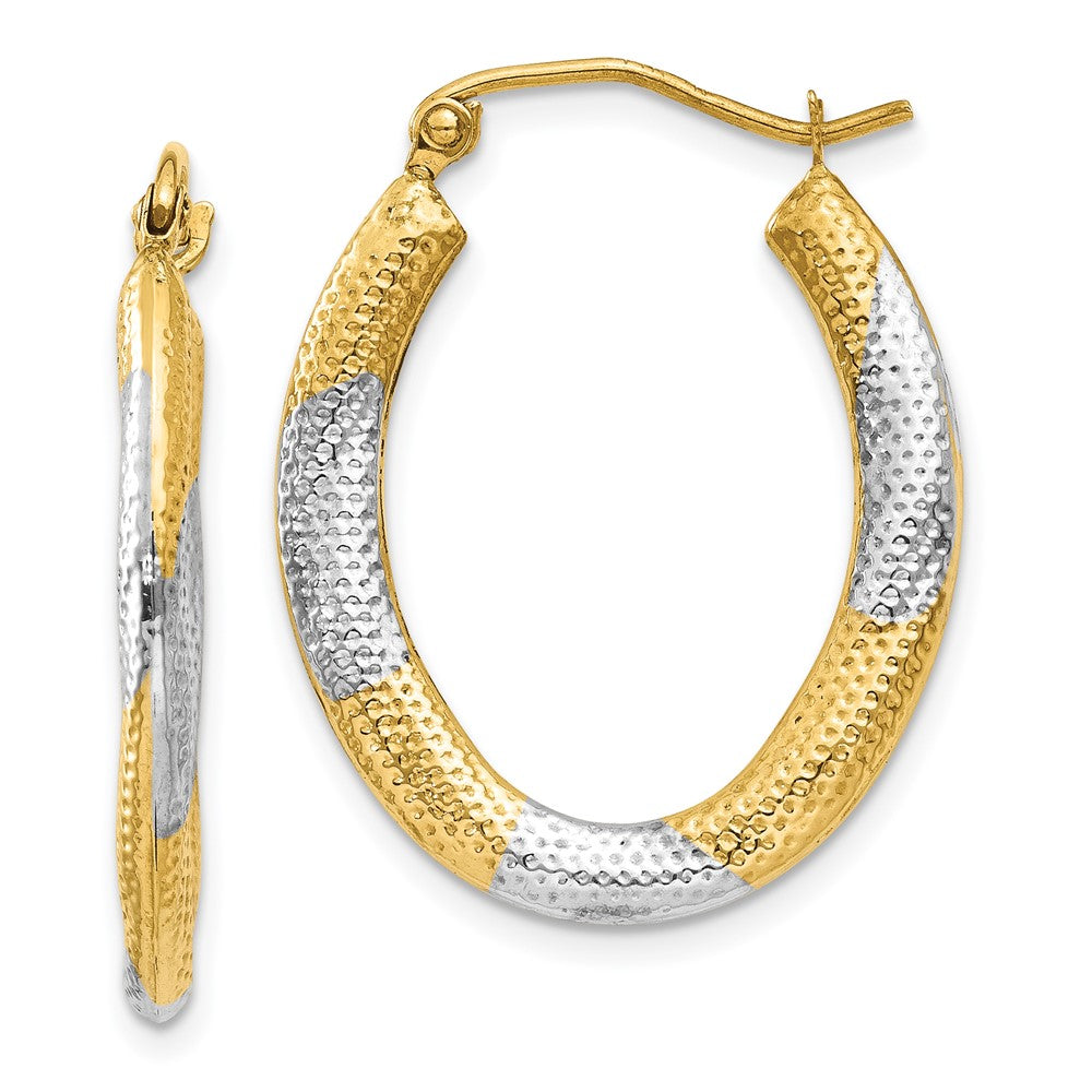 14K & Rhodium Textured Hollow Oval Hoop Earrings, 25 x 20 mm