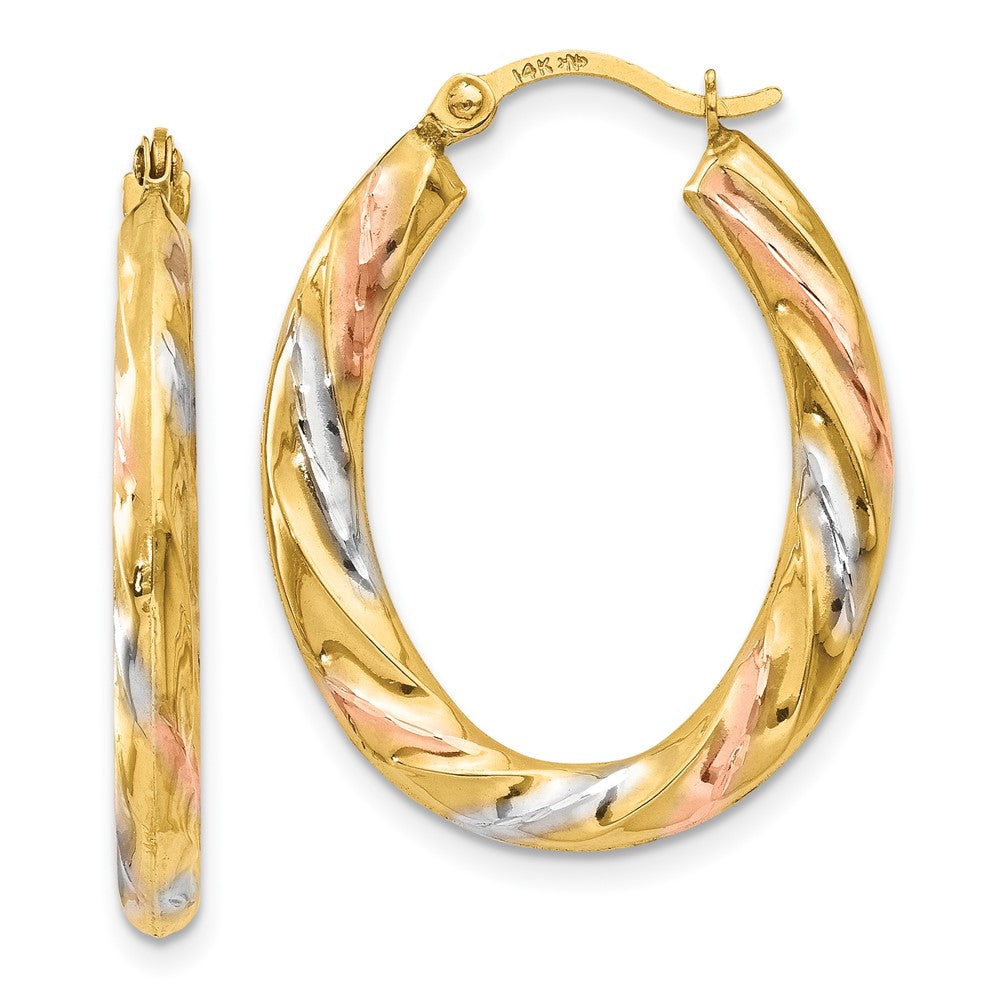 14K & White & Rose Rhodium Oval Hollow Scallop Hoop Earrings, 24 x 19 mm