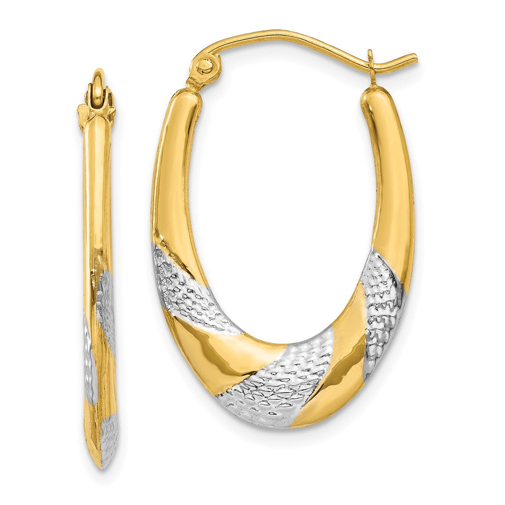 14K & Rhodium Hollow Oval Hoop Earrings, 25 x 17 mm