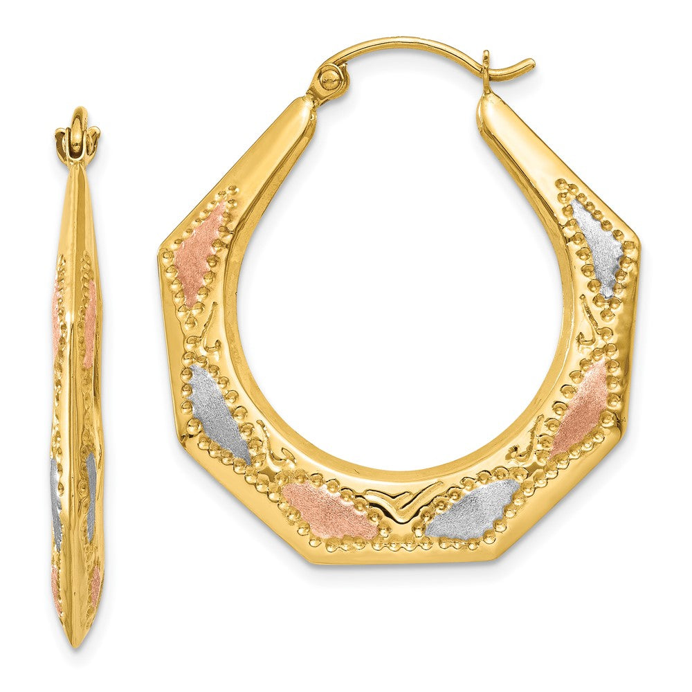14K & White and Rose Rhodium Hollow Hoop Earrings, 30 x 26 mm