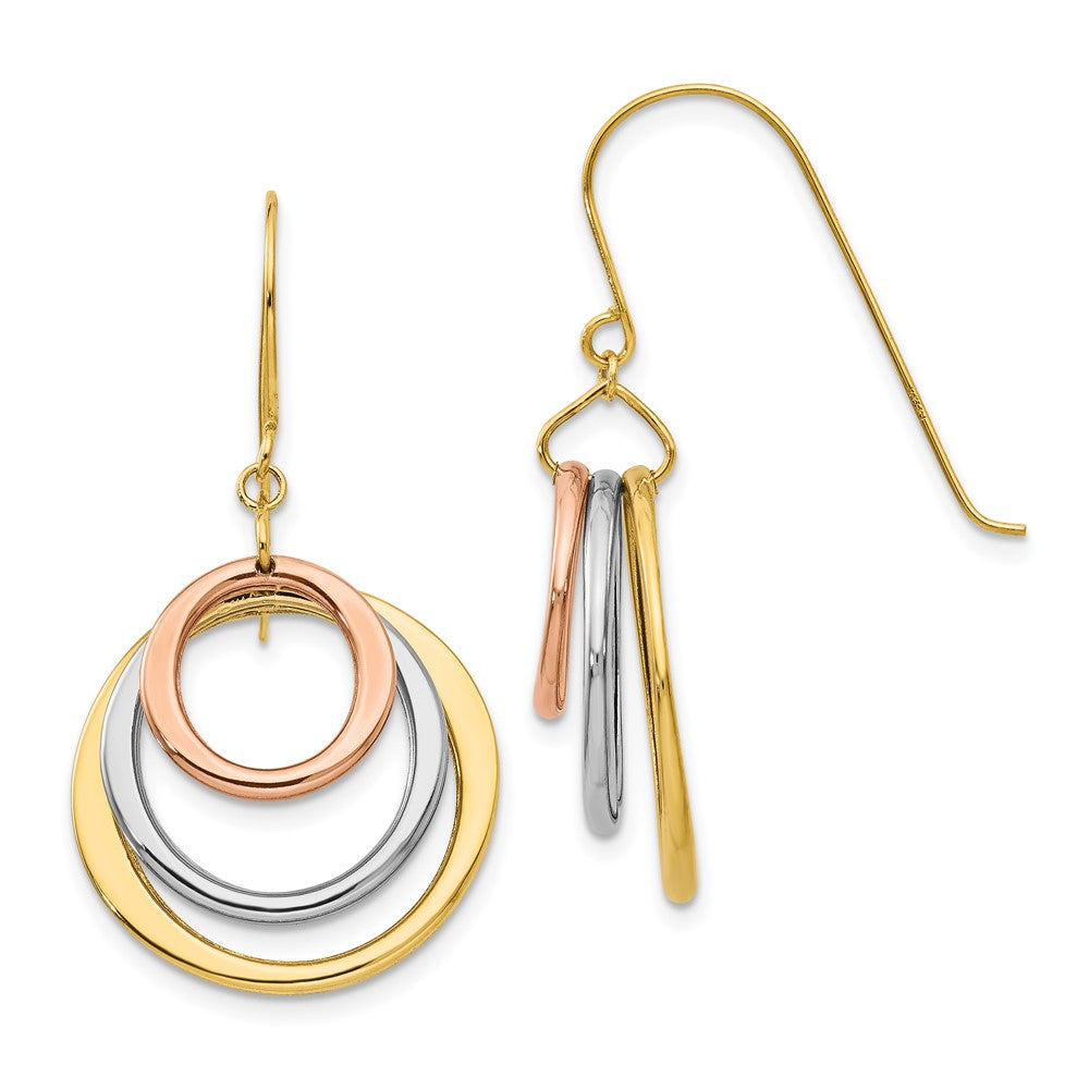 14K Tri-color Graduated Circles Dangle French Hook Earrings, 37 x 20 mm