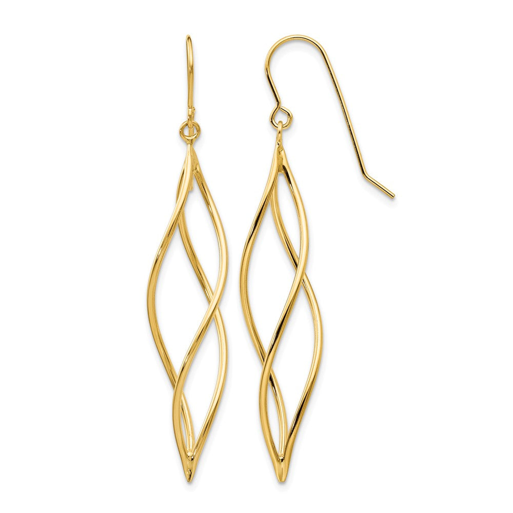 14k Polished Long Twisted Swirl Drop French Hook Earrings, 51 x 10 mm